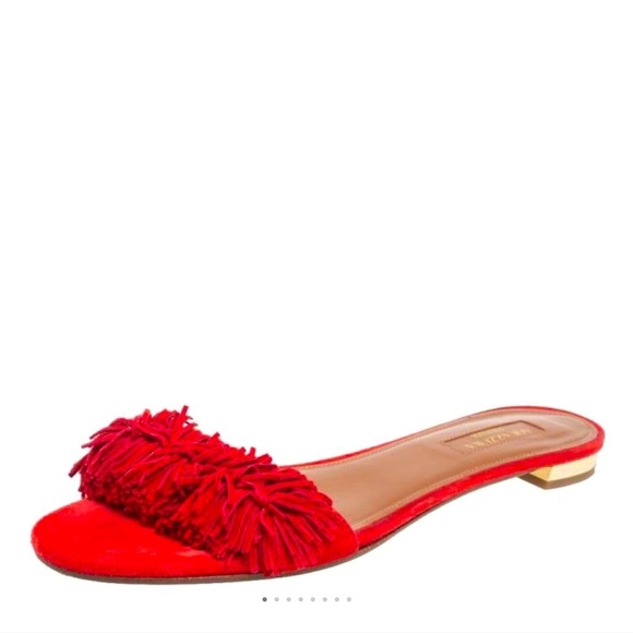 AQUAZURRA Wild Thing Suede Fringe Flat Slide Sandal Lipstick Red - Picture 1 of 9